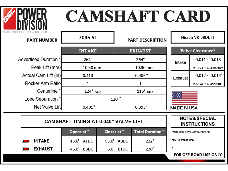 GSC POWER-DIVISION GSC7045S1 BILLET S1 CAMSHAFT SET NISSAN VR38DETT GT-R R35