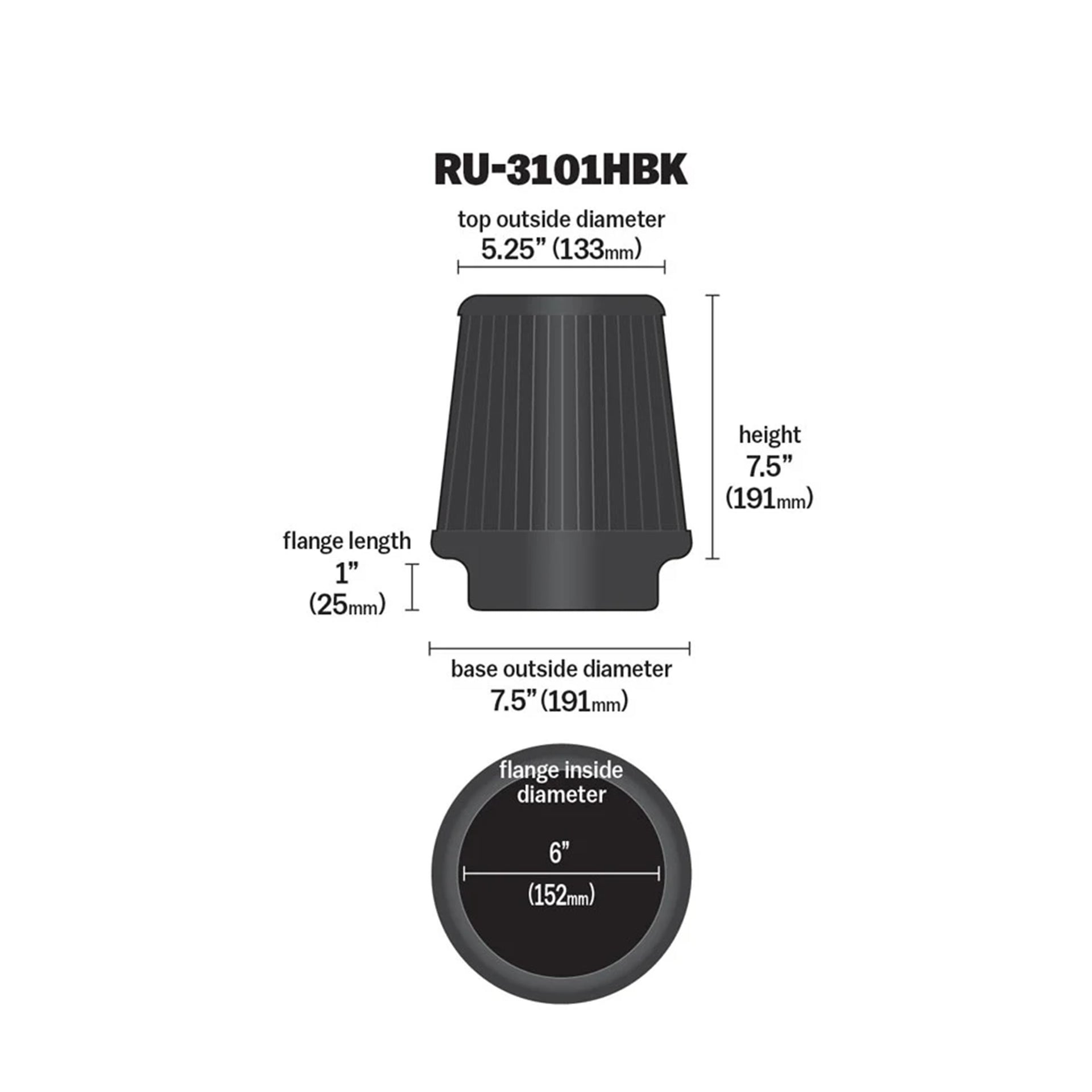 K&N RU-3101HBK UNIVERSAL CLAMP ON AIR FILTER 6-INCH