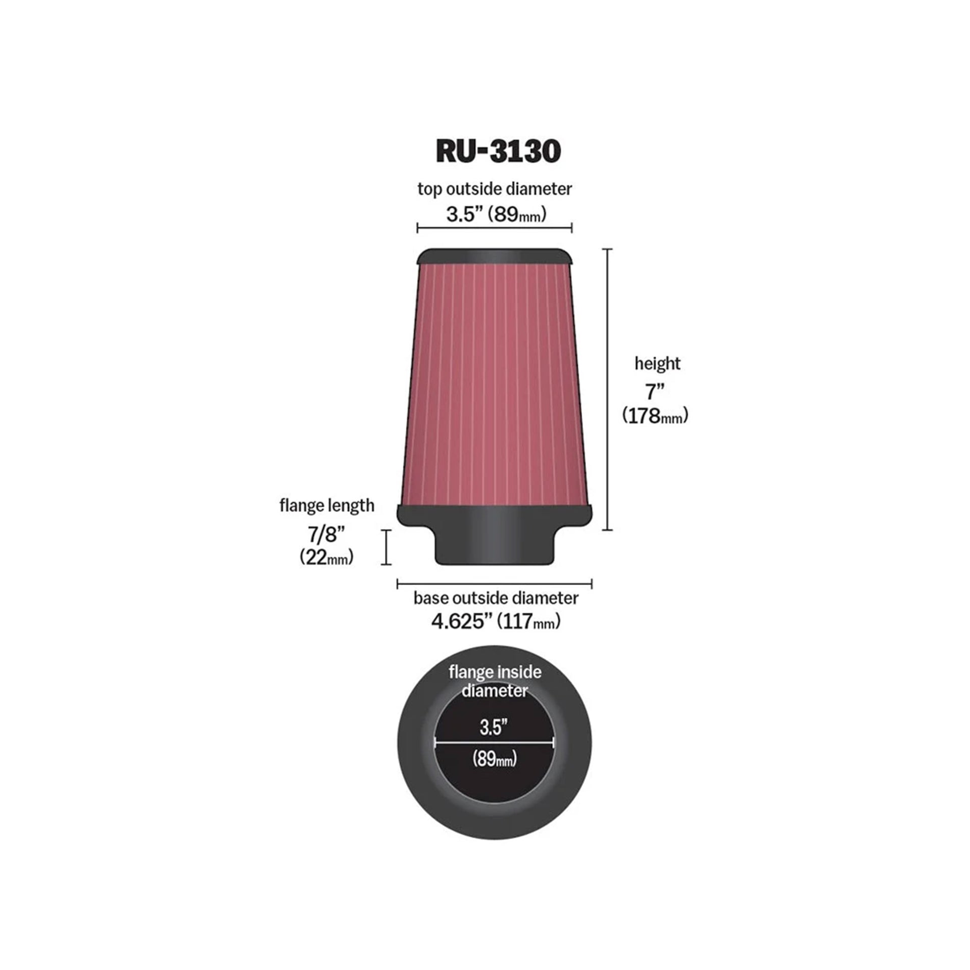 K&N RU-3130 UNIVERSAL CLAMP ON AIR FILTER 3.5-INCH